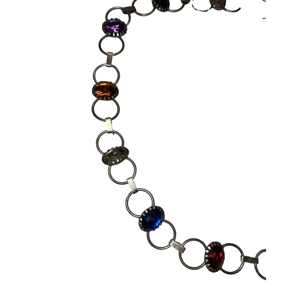 Vintage Multicolor Rhinestone Chain Belt Silver Link Festival Hippie Charm